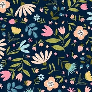 Vibrant Spring Flowers in hot pink,  orange peach and avocado green on midnight blue | medium scale 