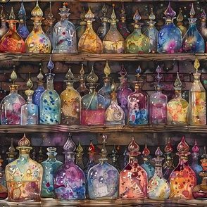Watercolor Witch Wizard Magical Potion Bottles in Colorful Rainbow Fantasy Colors