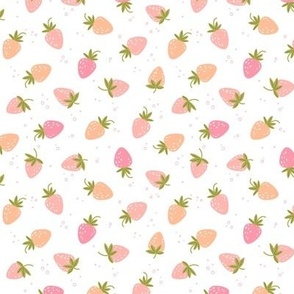 Scattered Bright pink and orange strawberries on white | small scale