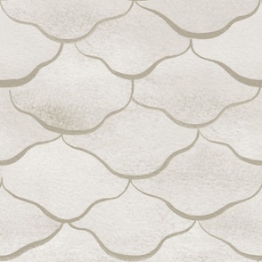 Large Watercolor Monochrome Dulux Linseed Neutral Mermaid Fish Scales with Stylised Lines