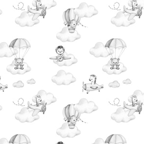 Flying Animals Clouds Airplanes Hot Air Balloons Gray 