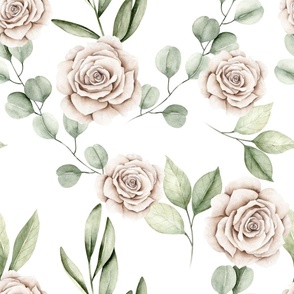 jumbo _ watercolor eucalyptus and roses floral_ olive leaf_ greenery_ leaves_ plants_ foliage on white with paint splatter_ edition 2 - C