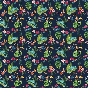 Tropical Jungle Chameleon and Toucan Floral on Navy Blue 6 inch