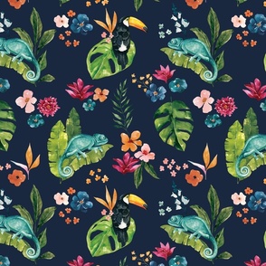 Tropical Jungle Chameleon and Toucan Floral on Navy Blue 12 inch