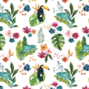 Tropical Jungle Chameleon and Toucan Floral on White 12 inch