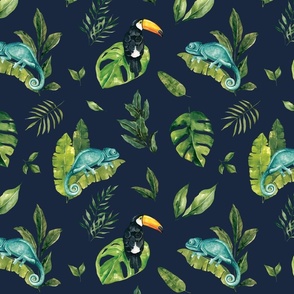 Tropical Jungle Chameleon and Toucan Foliage on Navy Blue 12 inch