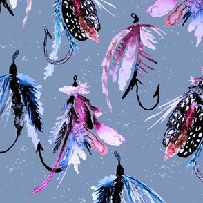 Large Fly Fishing Lures on Blue / Watercolor