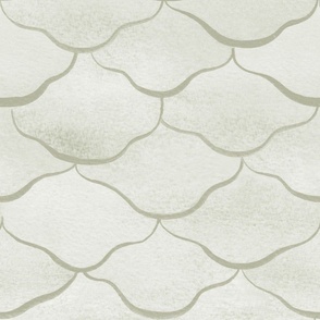 Large Watercolor Monochrome Dulux White Cabbage Green Mermaid Fish Scales with Stylised Lines