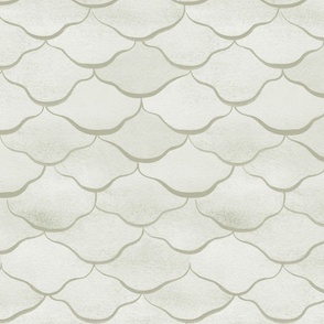 Medium Watercolor Monochrome Dulux White Cabbage Green Mermaid Fish Scales with Stylised Lines