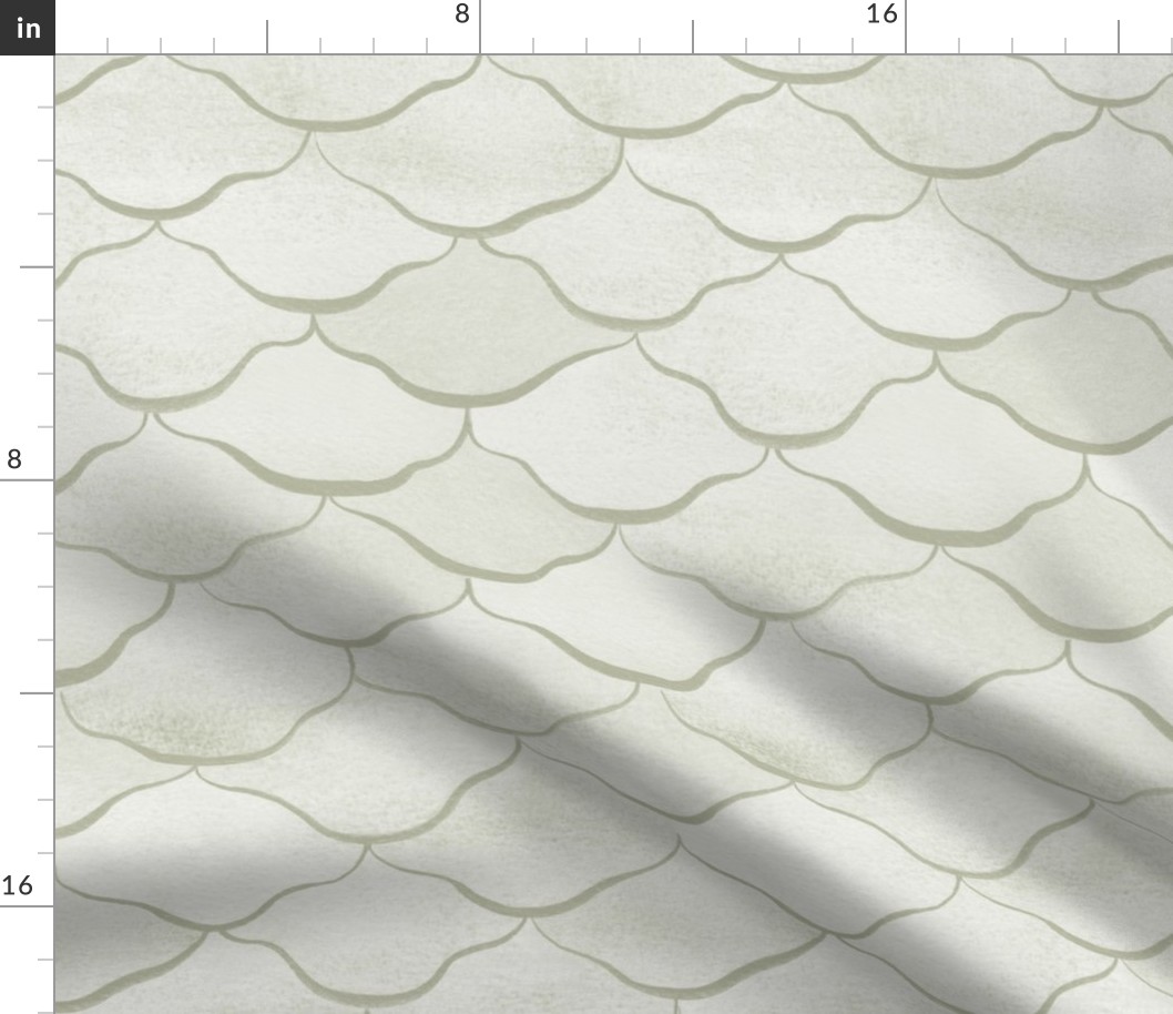 Medium Watercolor Monochrome Dulux White Cabbage Green Mermaid Fish Scales with Stylised Lines