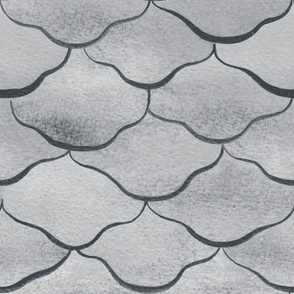 Large Watercolor Monochrome Dulux Oolong Grey Mermaid Fish Scales with Stylised Lines