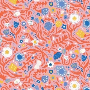 Medium - scandi abstract floral for wallpaper and fabric, red, blue, pink, yellow, modern flowers
