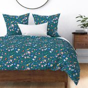 Large - scandi abstract floral for wallpaper and fabric, Navy, green, pink, yellow, modern flowers