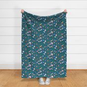Large - scandi abstract floral for wallpaper and fabric, Navy, green, pink, yellow, modern flowers
