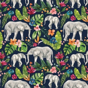 Tropical Jungle Elephant with Tropical Flowers on Navy Blue 12 inch