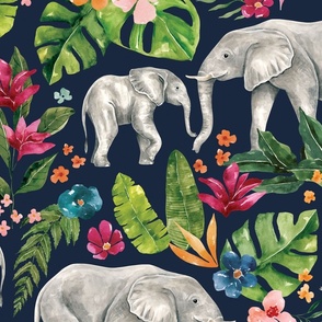 Tropical Jungle Elephant with Tropical Flowers on Navy Blue 24 inch