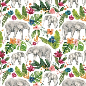 Tropical Jungle Elephant with Tropical Flowers on White 12 inch