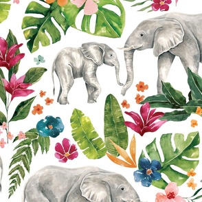 Tropical Jungle Elephant with Tropical Flowers on White 24 inch