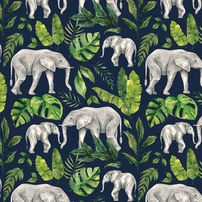 Tropical Jungle Elephant with Tropical Leaves on Navy Blue 12 inch