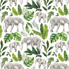 Tropical Jungle Elephant with Tropical Leaves on White 12 inch