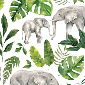 Tropical Jungle Elephant with Tropical Leaves on White 24 inch