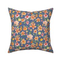 Watercolour Floral - Pink and Orange on blue nova for spring and summer