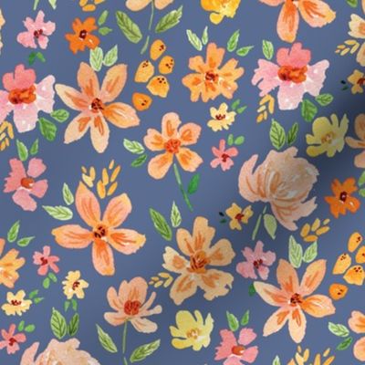 Watercolour Floral - Pink and Orange on blue nova for spring and summer
