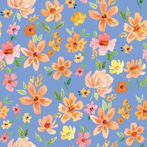 Watercolour Floral - Pink and Orange on cornflower blue for spring and summer