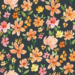 Watercolour Floral - Pink and Orange on regent green for spring and summer