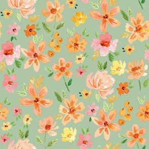 Watercolour Floral - Pink and Orange on spring green for spring and summer