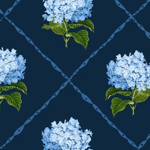 Hydrangea Grand Millennial Blue and White Classic Floral Wallpaper Navy