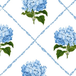 Hydrangea Grand Millennial Blue and White Classic Floral Wallpaper White