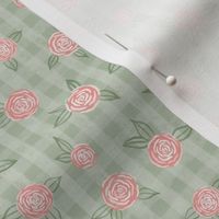 Pink Roses Small Scale on Light Green Plaid Gingham