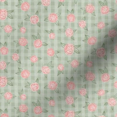 Pink Roses Small Scale on Light Green Plaid Gingham