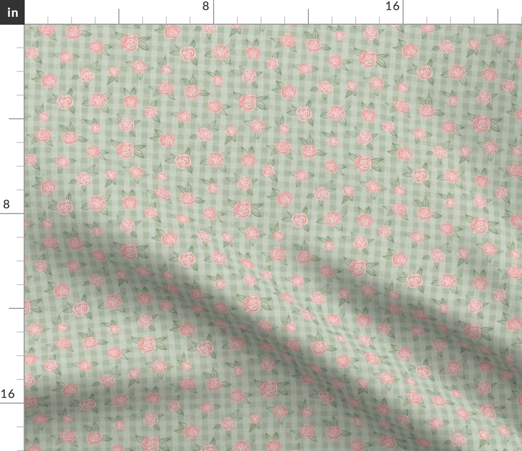 Pink Roses Small Scale on Light Green Plaid Gingham
