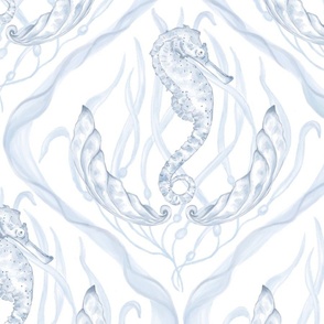 Under the sea in light blue and white coastal chic watercolor seahorse, shells, and wavy sea plants 