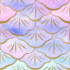 Large Watercolor Mermaid Scales with Faux Gold Stylised Lines and Ombre Aqua, Blue , Pink and Purple Color