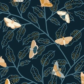 Trailing branches and moths dark turquoise and yellow 12"