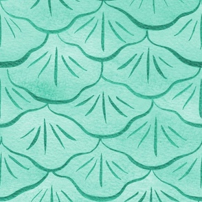 Large Watercolor Monochrome Aquamarine Green Mermaid Fish Scales with Faux Glittery Stylised Lines