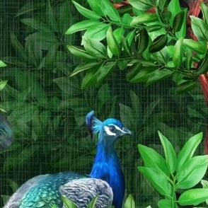 Maximalist Home Decor, Antique Botanical Luxurious Birds, Regal Peacock Blue Green, Whimsical Historical Flora and Fauna Birds, Tropical Bird Paradise, Nostalgic Romance, LARGE SCALE