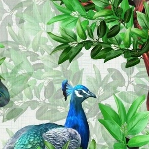 Elegant Blue Green Peacock Garden Design, Opulent Antique Style Luxury Wall Decor, Jewel Colors Birds of Paradise, Original Art Illustration, Floral Vintage Country Garden, Elegant Secret Woodland Peacock Garden, Lush Romantic Antique Mural, LARGE SCALE