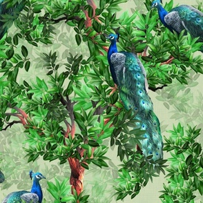 Opulent Peacock Menagerie, Succulent Light Lime Green Forest Feature Wall, Maximalist Interior Painted Peacocks, Romantic Teal Blue Birds, Exotic Maximalist Flora and Fauna, MEDIUM SCALE