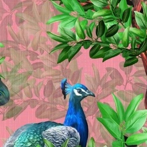 Bubblegum Pink Art Wallpaper, Exotic Male Peacock Blue Birds, Nostalgic Opulent Romantic Feature Wall Mural, Luxury Wild Animal Menagerie, Decorative Painterly Style Pheasant Family, Maximalist Pink Green Sapphire Blue Birds Wall Art, LARGE SCALE