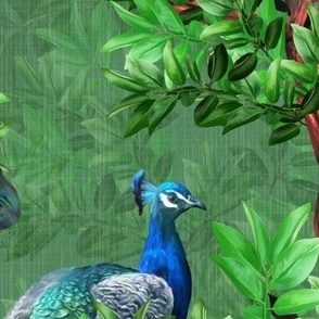 Opulent English Peacock Garden Mural, Birds and Blooms Floral Art, Lush Emerald Forest Green Trees, Original Floral Vintage Peacock Art, Mystical Forest Pheasants, Male Peacock Tail Feathers, LARGE SCALE