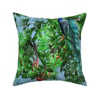 Maximalist Pacific Blue Painted Peacock Flora and Fauna, Magical Peacock Garden, Rich Colourful Peacock Plumage, Luxe Floral Magical Forest Fantasy in Vibrant Shades of Green , MEDIUM SCALE