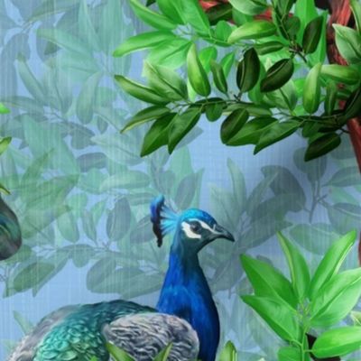 Maximalist Pacific Blue Painted Peacock Flora and Fauna, Magical Peacock Garden, Rich Colourful Peacock Plumage, Luxe Floral Magical Forest Fantasy in Vibrant Shades of Green , MEDIUM SCALE