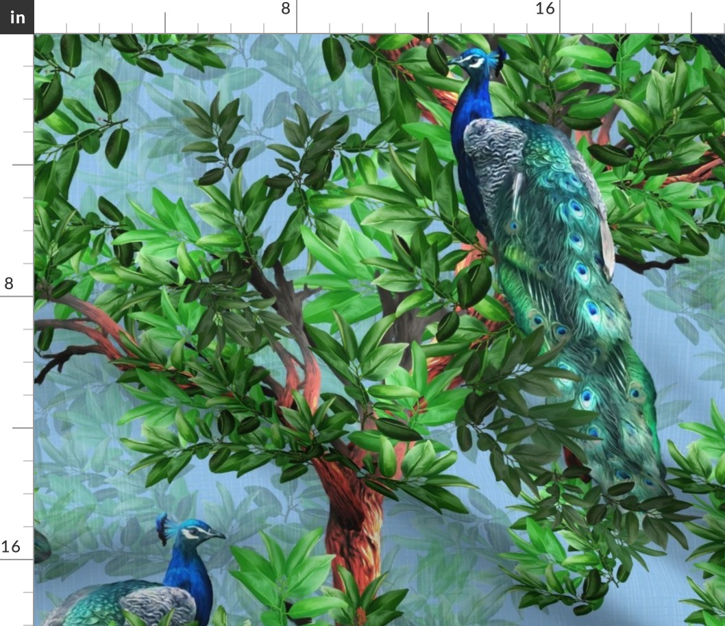 Maximalist Pacific Blue Painted Peacock Flora and Fauna, Magical Peacock Garden, Rich Colourful Peacock Plumage, Luxe Floral Magical Forest Fantasy in Vibrant Shades of Green , MEDIUM SCALE