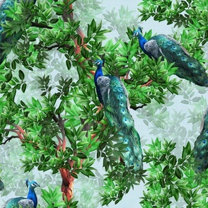 Peacock Nouveau Romanticism, Antique Garden Luxury Wallpaper, Vintage Luxe Shamrock Green Teal Blue Home Decor, Hand Drawn Birds, Wild Bird Foliage, Jade Green Floral Art Forest Trees Leaves, Male Peacock Pheasants, SMALL SCALE