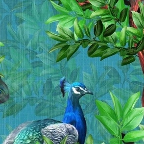 Opulent English Birds and Lavish Blooms, Imperial Wall Art Decor, Modern Peacock Blue Upholstery, Male Peacocks Green Tail Feathers, Vivid Wild Foliage Colors, Emerald Green Leaves, Romantic Victorian Maximalist Home, LARGE SCALE