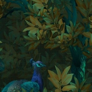 Contemporary Arts and Crafts Lush Dark Forest Golden Green Secret Garden, Decadent Vintage Mystic Goth, Magical Sapphire Blue Peacock Plumage,  Bold Moody Flora and Fauna, Mystical Forest Peacock Tail Feathers, MEDIUM SCALE